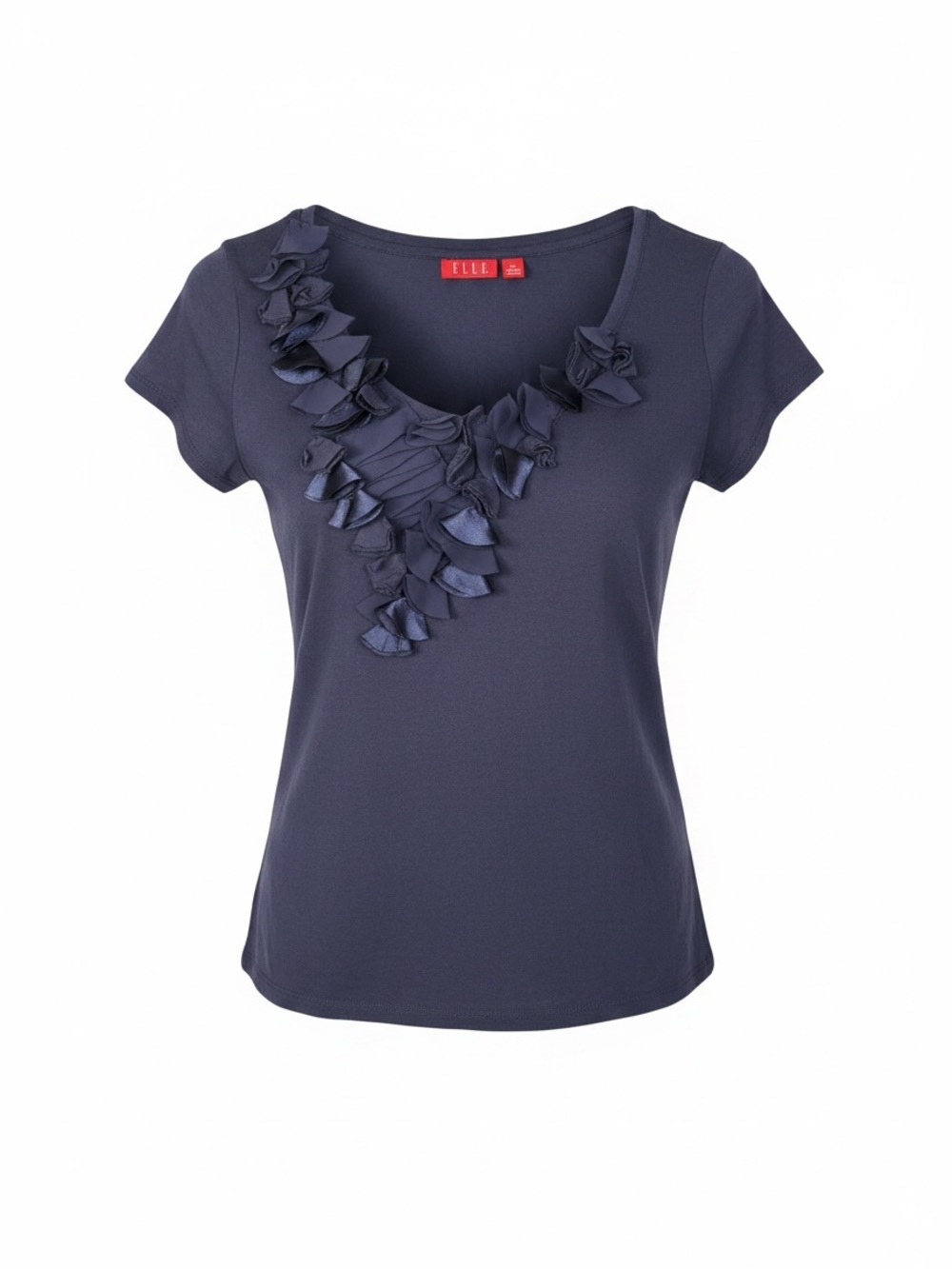 ELLE Navy Short-Sleeve Ruffle V-Neck Top
